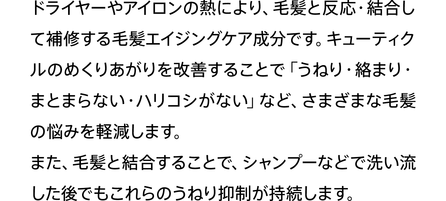 ドライヤーやアイロンの熱により、⽑髪と反応・結合して補修する⽑髪エイジングケア成分です。キューティクルのめくりあがりを改善することで「うねり・絡まり・まとまらない・ハリコシがない」など、さまざまな⽑髪の悩みを軽減します。また、⽑髪と結合することで、シャンプーなどで洗い流した後でもこれらのうねり抑制が持続します。